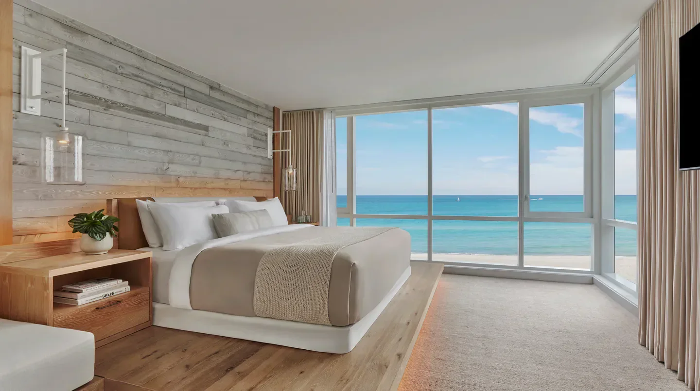 Ocean view bedroom at 1 Hotel South Beach in Miami with luxurious decor