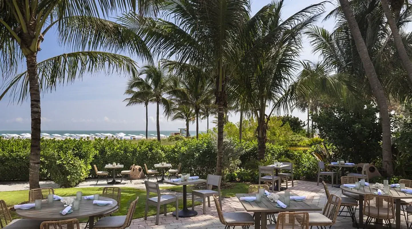 Outdoor dining at DiLido Beach Club in Miami, tables set among palm trees with ocean views.