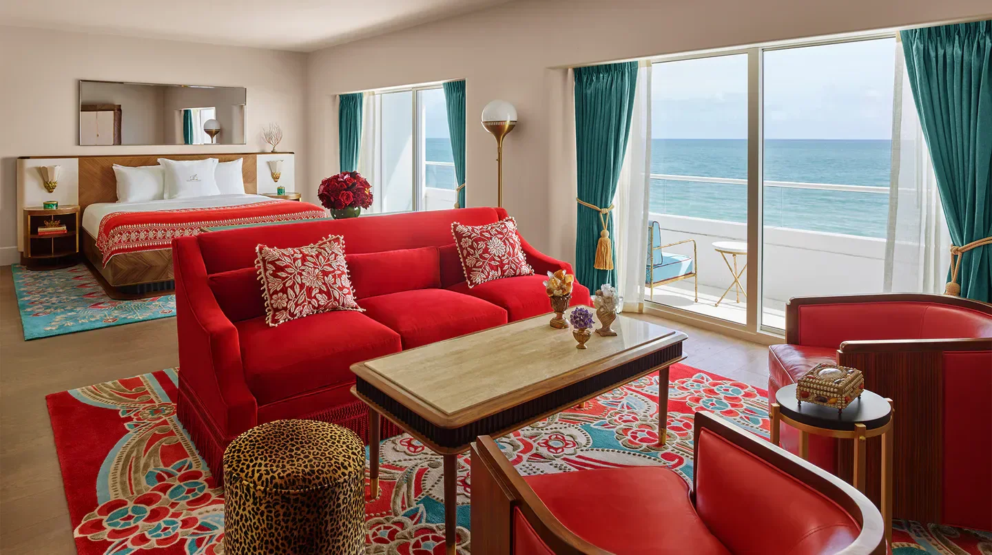 Luxury suite at Faena Hotel Miami Beach in Miami, featuring ocean views and vibrant decor.
