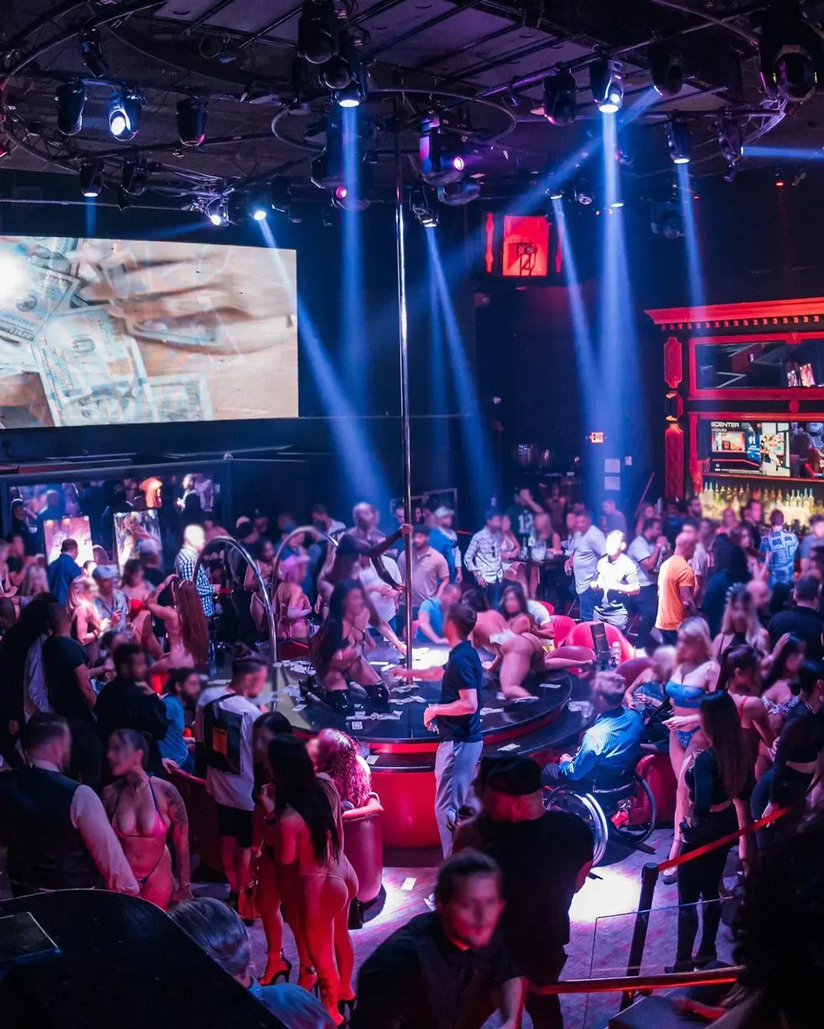 Inside Gold Rush Cabaret in Miami, busy crowd enjoying the show with stage lights.