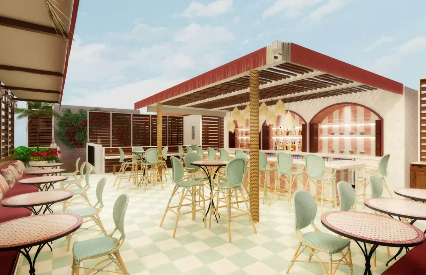 Rooftop dining area at The Roof at Esmé in Miami, with tables and bar seating.