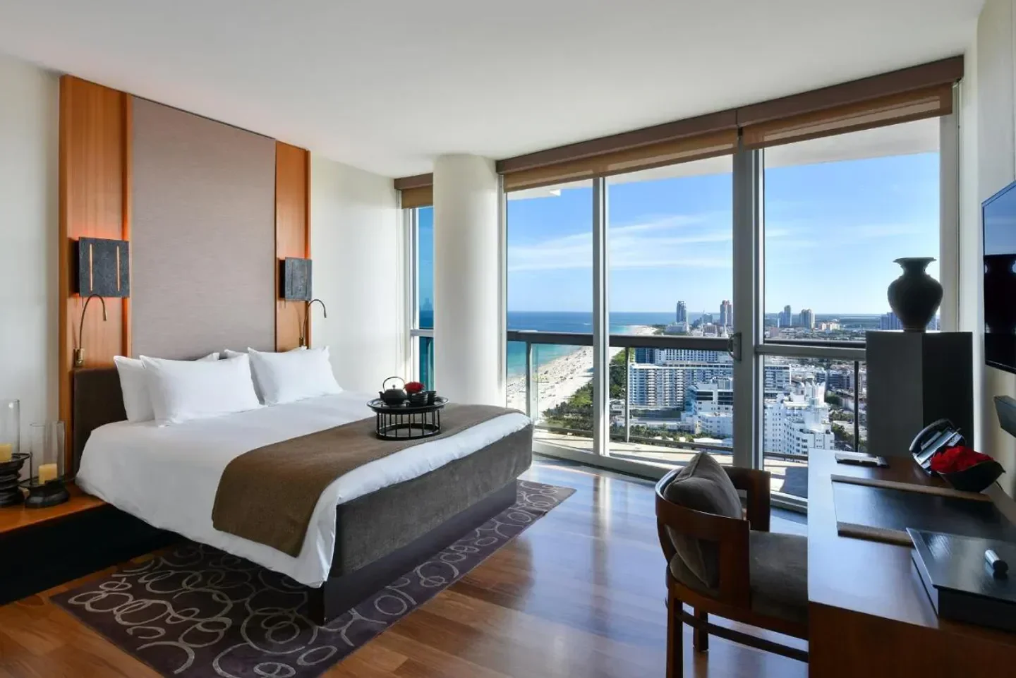 Luxury bedroom at The Setai, Miami Beach, with ocean views of Miami