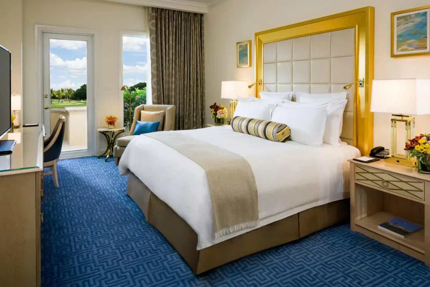 Luxury hotel room at Trump National Doral Miami with golf course view in Miami.